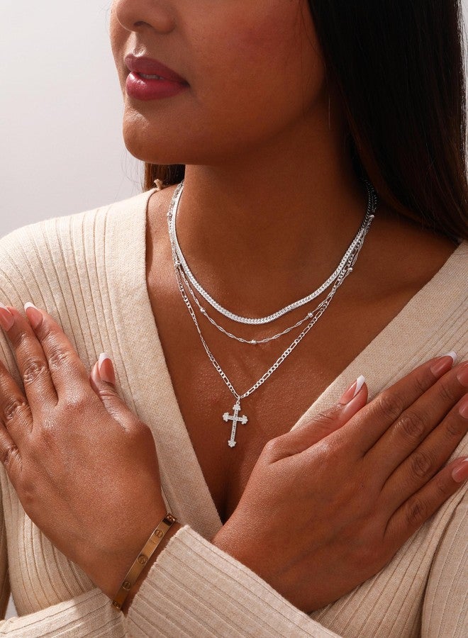 ASCOMY Necklace for Women 14K Silver Plated Layered Necklaces Stackable Layering Twist Rope Choker Herringbone Figaro CZ Cross Necklace Stacking Silver Choker Necklaces Trendy Jewelry Gift for Her - Image 3